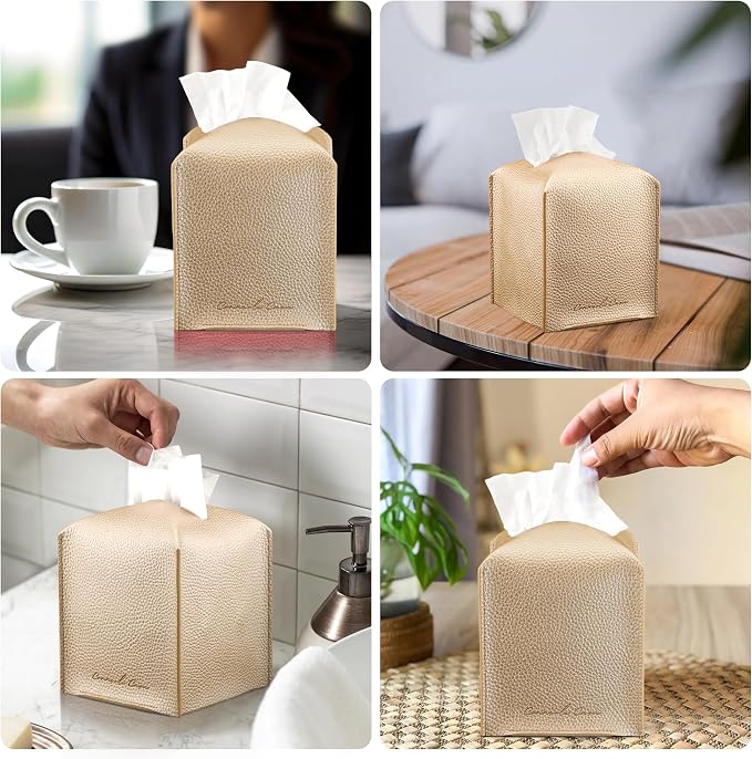 Premium PU Leather Tissue Box Holder - Elegant Hotel-Style Tissue Box Cover for Home, Office & Car Décor, Tissues Cube Organizer for a Natural & Classic Look (Gold 2 Pack)
