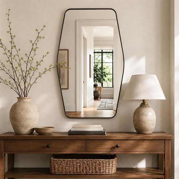 Matte Black Tapered Rectangle Bathroom Mirror, 24x36 Inch | Aluminum alloy frame, tempered glass, two-way keyhole mount, for bedroom, hallway, console
