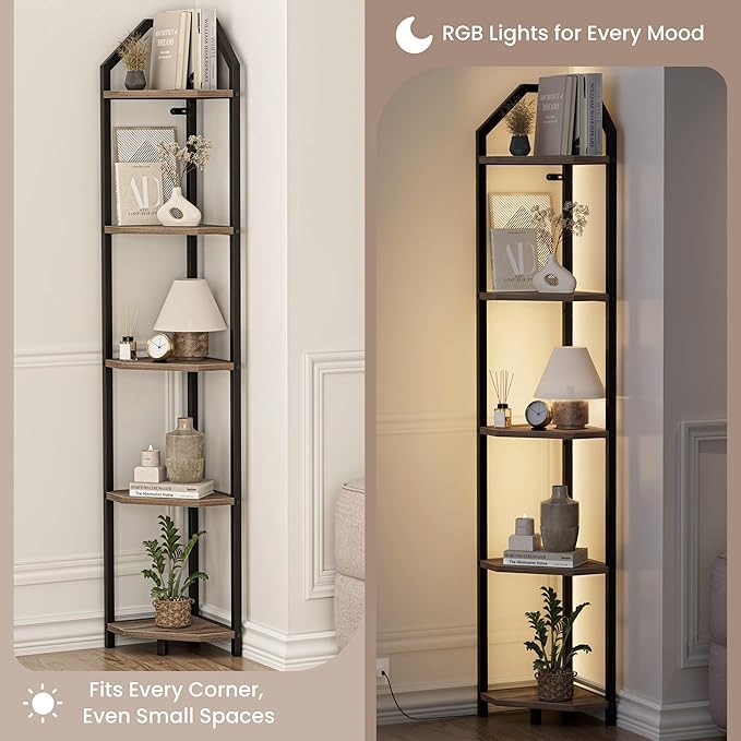 5-Tier Corner Shelf | 70 Inch Tall Bookshelf & Plant Stand, Heavy Duty Storage for Home Office & Living Room - Grey