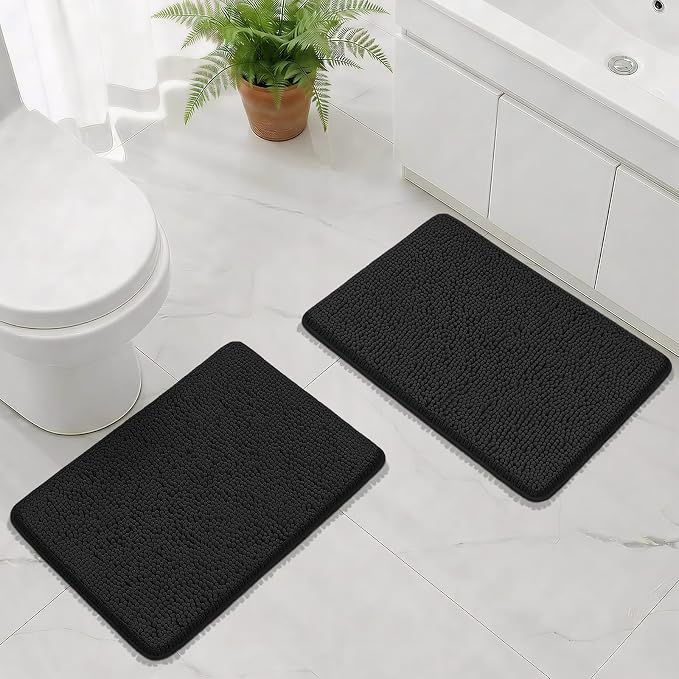 Bcoimo Bath Rug Mat Set,2 Piece Thick Absorbent Chenille Bathroom Mat Black | Non Slip with Rubber Backing 24x17 Bathroom Rug set; Machine Washable;Extra Soft Rugs;High Absorbent、Quick Dry Microfiber mat