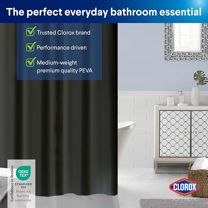 Clorox Shower Curtain Liner, Premium Medium Weight Flexible Waterproof 6g PEVA for Bathroom with Weighted Magnets, Standard Size 72" x 72", Black 1 Pack
