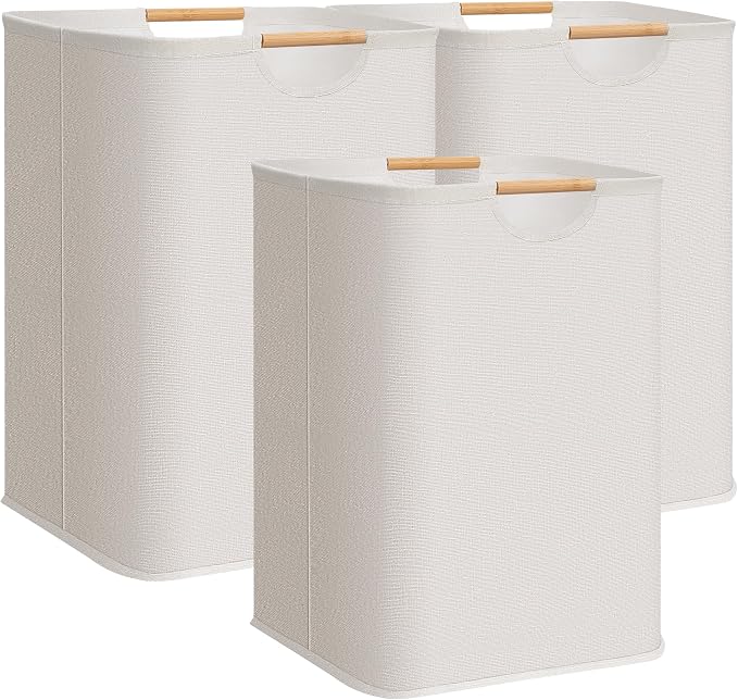STORAGE MANIAC 3-Pack Large Laundry Hamper, 100L (26.4 Gal) Collapsible Laundry Basket with Bamboo Handles, Freestanding Waterproof Clothes Hamper for Laundry Room, Bedroom, Dorm, Towels, White