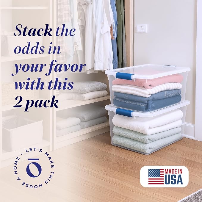 HOMZ Clear Plastic Storage Bins w/Latching Lid, 66 Qt, Blue Latch, 2 Pack | Large Stackable Container Boxes for Homes, Bathrooms, Garages, and Office Organization