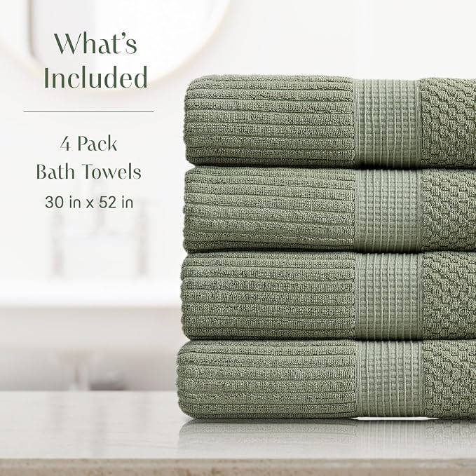 100% Cotton Bath Towel Set | 4-Pack | Textured | Green | Absorbent & Quick-Dry Bathroom Towels | Textured and Durable Cotton Towels for Bathroom | OEKO-TEX | Krista Collection