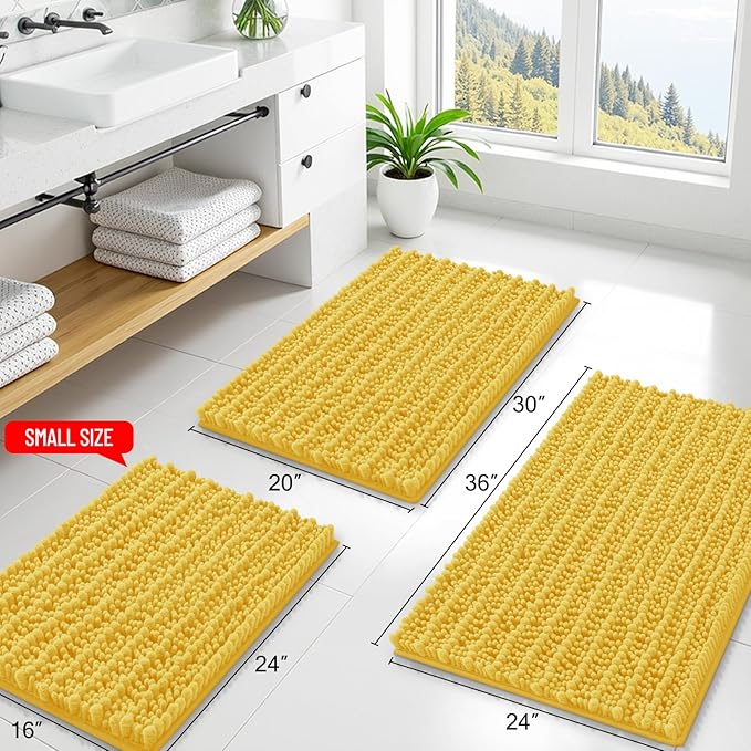 Smiry Bathroom Rugs 30X20, Extra Soft Rubber Backing Chenille Bath Mats | Yellow Machine Washable Non Slip Quick Dry Bath Mats for Bathroom Floor, Tub, Shower, Home Decor Accessories
