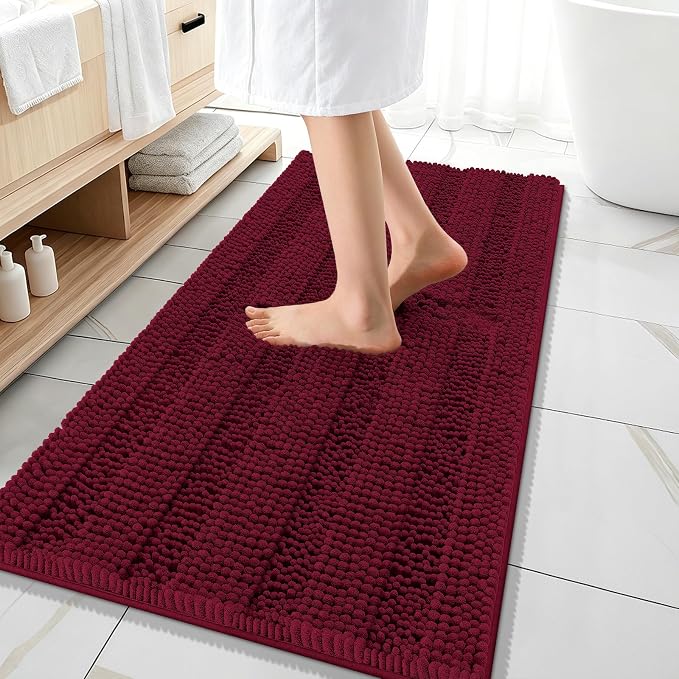 OLANLY Thick Bathroom Runner Rugs 47x20, Soft Chenille Bath Rugs, Burgundy | Absorbent Striped, Rubber Backing, Machine Wash, Long Bath Mats for Bathroom Floor, Tub and Shower, Home Decor Accessories