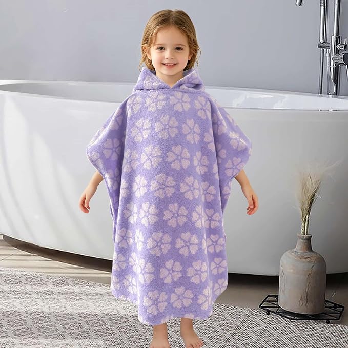 VOOVA & MOVAS Kids Poncho Towel, 4-6 Years, 100% Cotton,Purple Flower | Floral Jacquard Pattern, Soft, Absorbent & Quick Dry, Suitable for Bath, Pool, Swim and Beach