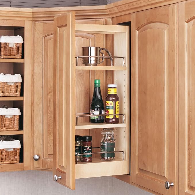 Rev-A-Shelf Maple Pullout Organizer for Wall Kitchen Cabinets, Full Extension Slides & Adjustable Shelves, Min Opening Width of 5.5", 448-WC-5C