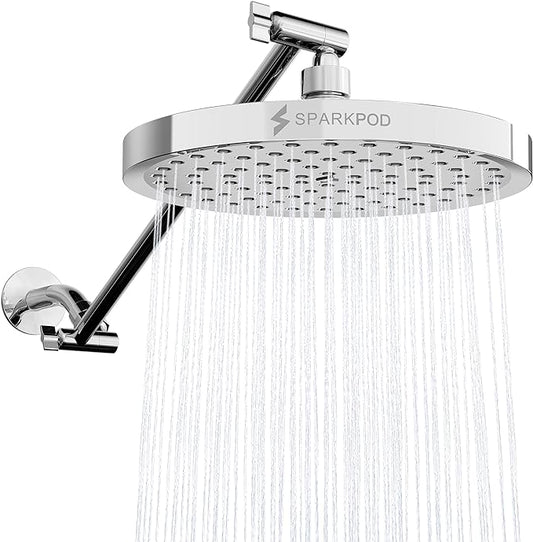 SparkPod 8" Round Rain Shower Head with 16" Shower Arm | Shower Head & Extension Arm Combo, Height Adjustable, High Pressure Performance, Easy 1-Minute Installation, Polished Chrome