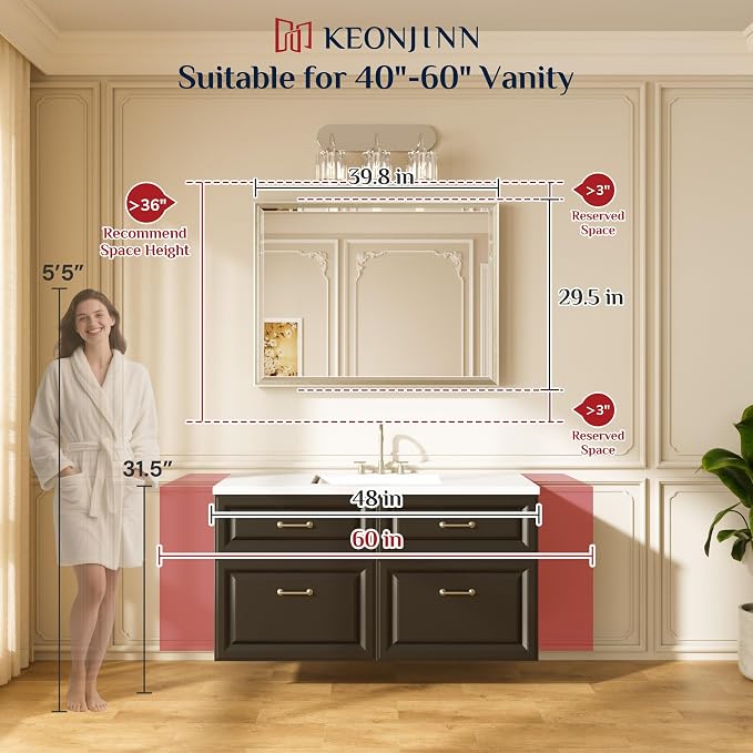 Keonjinn 40" x 30" Brushed Nickel Bathroom Vanity Mirror, HD Tempered Glass | Effortless French Cleat Installation, Aluminum Alloy Frame, Decorative Silver Wall Mirror for Living Room, Entryway, Bedroom