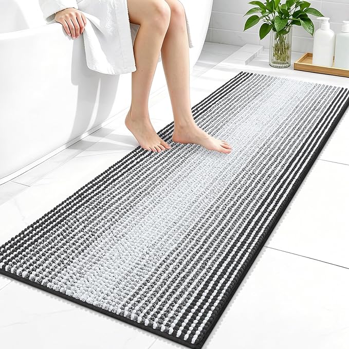 OLANLY Bathroom Runner Rugs 47x20, Chenille Striped Bath Rugs, Dark Grey | Extra Soft Absorbent, Rubber Backing, Machine Wash Dry, Bath Mats for Bathroom Floor, Tub and Shower, Home Decor Accessories