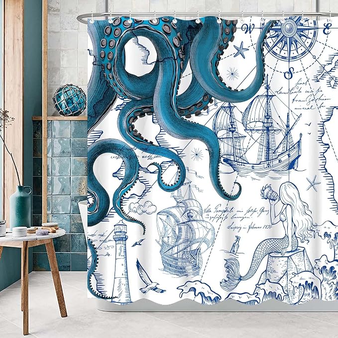 Fungarth Blue Nautical Octopus Shower Curtain Navy Mermaid Funny Ocean Kraken Shower Curtains for Bathroom Cool Anchor Coastal Map Waterproof Fabric Bath Curtain Decor with Hooks (Blue, 72” x 72”)
