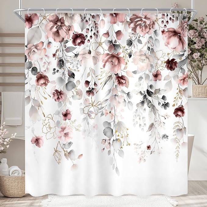 Floral Grey Pink Leaves Girls Watercolor Bathroom Shower Curtain Set | 72"W x 72"L Flower Blossom style, clear shower print, fast-dry fabric and hooks for a simple bath update.