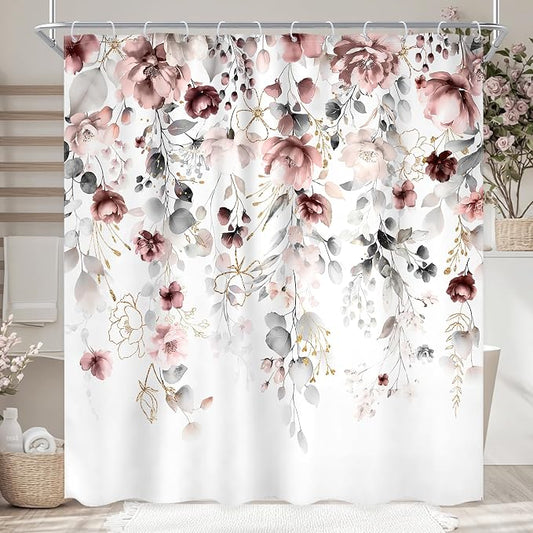 Floral Grey Pink Leaves Girls Watercolor Bathroom Shower Curtain Set | 72"W x 72"L Flower Blossom style, clear shower print, fast-dry fabric and hooks for a simple bath update.