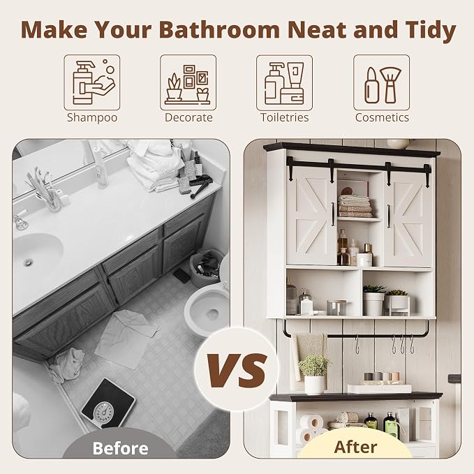 IRONCK Bathroom Wall Cabinet, Farmhouse Medicine Cabinet with Sliding Barn Door and LED Lights, Storage Cabinet Wall Mounted with Adjustable Shelves & Towel Bar for Bathroom, Kitchen, White