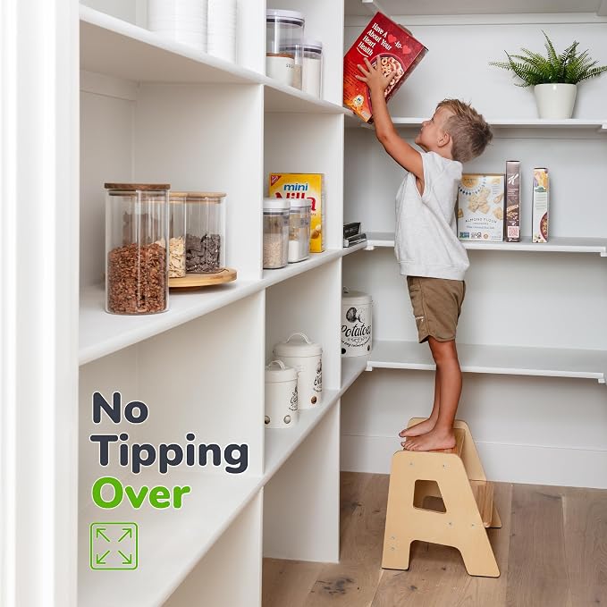 2-Step Wooden Toddler Step Stool for Bathroom Sink & Kitchen Use -Varnished | Non-slip steps and padded feet for extra stability. Lightweight to carry, safely supports ages 2+ and adults up to 250 lbs.
