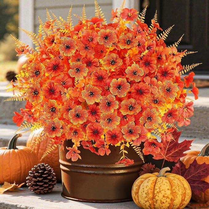 16PCS Artifcial Fall Flowers, Silk Flowers with Eucalyptus & Ferns | Realistic Orange Autumn Artificial Flowers, Porch Yard Fall Decor, Thanksgiving & Harvest Home Decorations