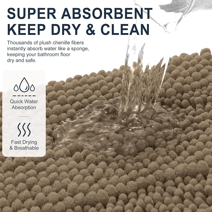 Smiry Thick Small Chenille Bathroom Rugs 24x16, Absorbent Bath Mat, Tan | Quick‑Dry & Machine Washable, Non‑Slip Bath Carpet, Soft Striped Bath Rugs for Tub & Shower, Modern Home Decor Accessories