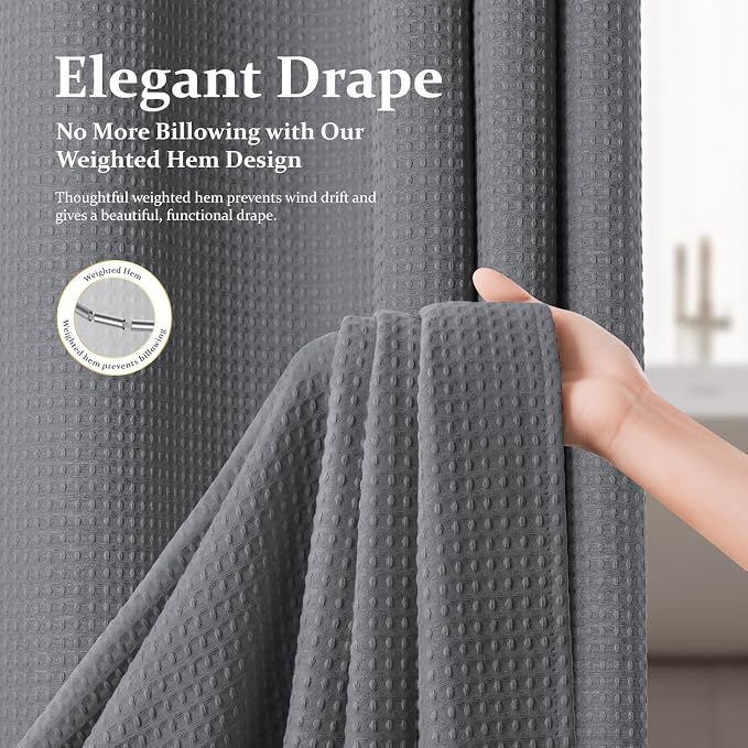 Stall Waffle Shower Curtain 256 GSM Heavy Fabric 48x72 Grey/Gray | 48 Inch Wide, Thick Polyester Cloth, Weighted Hem, Water Repellent, Washable Hotel Shower Curtain Set for Bathroom 8 Hooks
