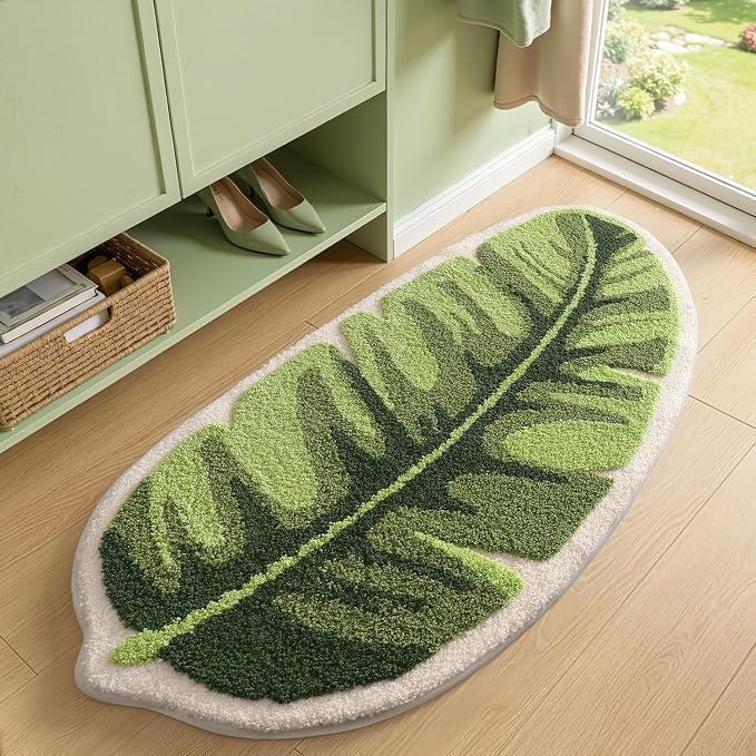 LUMI Cute Bathroom Rug Green Leaf, Absorbent Non Slip Bath Mat, 24"x48" | Palm Leaf Plant, Soft Plush Microfiber, Quick Dry, Washable for Shower Floor, Bathroom, Sink Bathtub, Bedroom, Kids Room