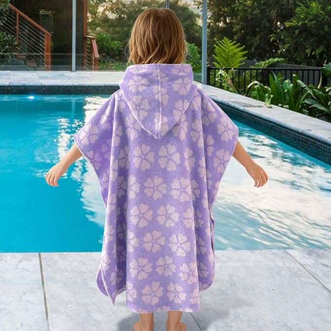VOOVA & MOVAS Kids Poncho Towel, 4-6 Years, 100% Cotton,Purple Flower | Floral Jacquard Pattern, Soft, Absorbent & Quick Dry, Suitable for Bath, Pool, Swim and Beach