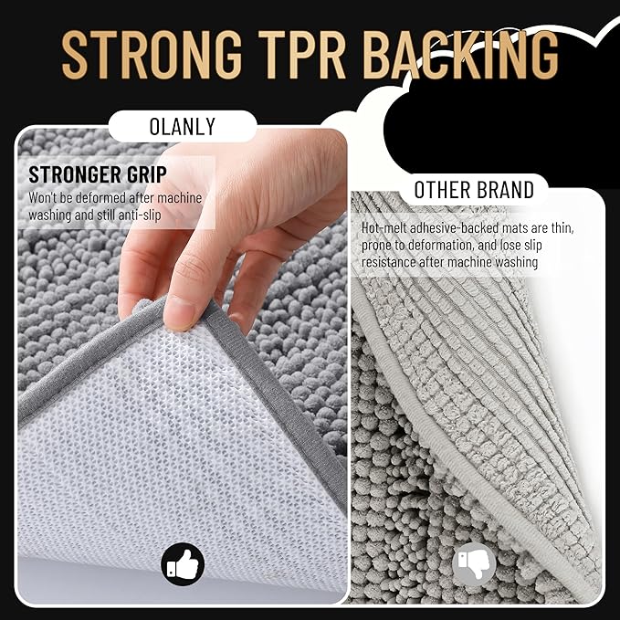 OLANLY Thick Large Bathroom Rugs 40x32, Soft Chenille Bath Rugs, Grey | Absorbent Striped, Rubber Backing, Machine Wash Dry, Bath Mats for Bathroom Floor, Tub and Shower, Home Decor Accessories