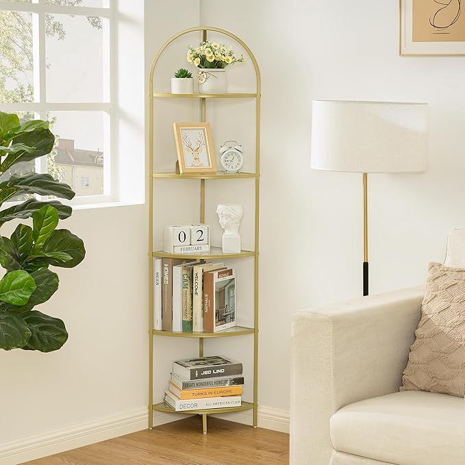 Homhedy 5-Tier Gold Corner Shelf Stand, Metal Corner Bookshelf | Display Shelf, Tempered Glass Shelves, Plant Stand, Storage Rack Shelf for Bedroom, Living Room, Home, Office, Gold