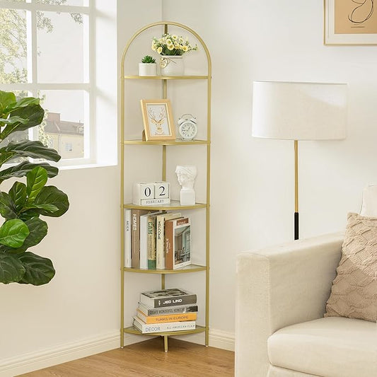 Homhedy 5-Tier Gold Corner Shelf Stand, Metal Corner Bookshelf | Display Shelf, Tempered Glass Shelves, Plant Stand, Storage Rack Shelf for Bedroom, Living Room, Home, Office, Gold