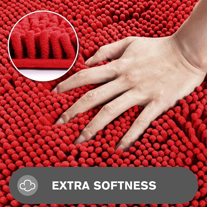 Red Bathroom Rugs – Absorbent and Washable Bath Mat, Non-Slip, Thick Soft Chenille Bath Rugs for Bathroom Floor, Shower - 17" x 24"