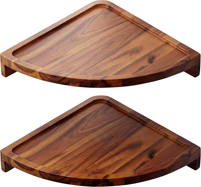 Demigo Round Floating Corner Shelves, Natural Acacia Wall Shelf, Set of 2 | Wall-Mounted Storage Shelves for Home Decor, Living Room, Kitchen, Office & Bedroom, Space-Saving Wood Display
