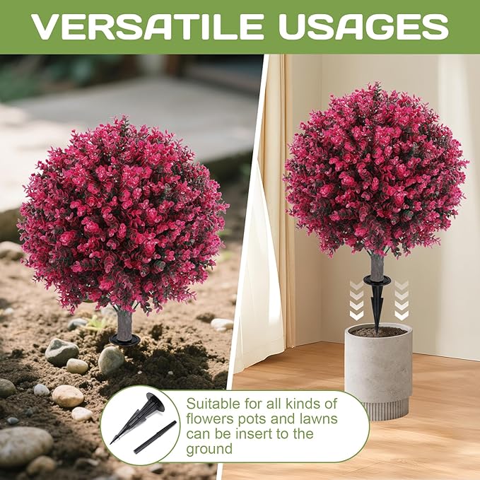 Artificial Red Eucalyptus Topiary Ball Tree 24" with Ground Spike, Set of 2 Artificial Boxwood Bushes for Faux Shrubs, Fake Evergreen Faux Plant for Indoor Outdoor Garden -UV Resistant–Fade-Proof