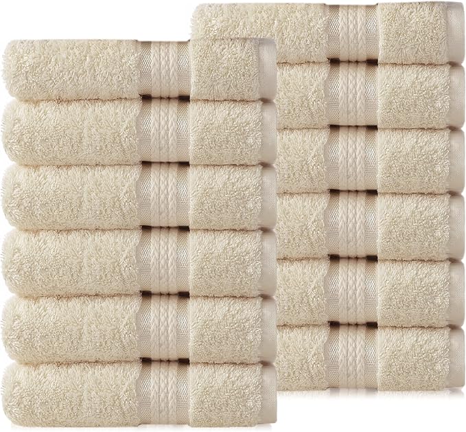 COTTON CRAFT Ultra Soft Washcloths -12 Pack- 12x12-100% Cotton Facecloths - Baby Wash Cloths - Absorbent Quick Dry Everyday Luxury Hotel Bathroom Kitchen Spa Gym Pool Camp Dorm - Easy Care - Ivory | Large 12x12 inch Ivory Wash Cloths - Plush 580 GSM Ab...