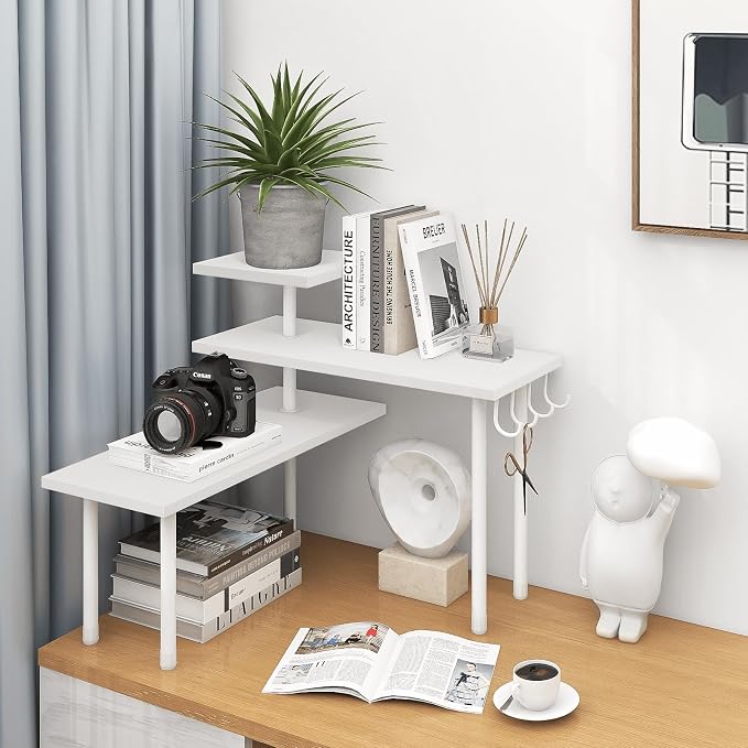 Kitchen Countertop Organizer Corner Shelf, Bathroom Counter Organizers and Storage, 3 Tier Wood Shelf Organizer Space Saver for Make Up, Dresser Table, Desktop, White