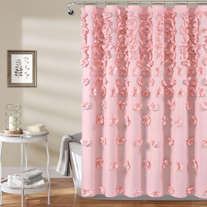 Lush Decor Riley Shower Curtain, 72" W x 72" L, Pink - Bathroom Curtain - Coquette Decor - Bow Shower Curtains - Cottage Core - Fabric Shower Curtains