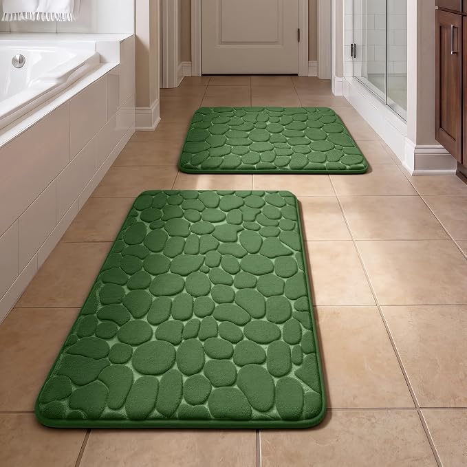 Bathroom Rugs Mat Set, Memory Foam Bath Mat 2 Piece Green | 17x24&20x32, Non Slip, Water Absorbent, Washable, Bath Mat For Bathroom, Sink and Toilet