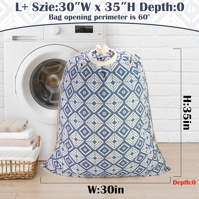 Canvas Laundry Bag with Handles & Drawstring 30"Wx35"H, L+ Geometry Blue | Thick Canvas Storage Bag, Large Heavy Duty Washable Dirty Clothes Travel Sack, for Camp, College Dorm, Laundromat, 1 Pack