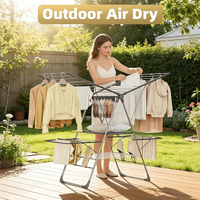 Clothes Drying Rack Foldable, 2-Tier Stainless Steel Heavy Duty Laundry Rack with Adjustable Height Wings, Sock Clips, Space Saving Drying Rack Clothing for Indoor & Outdoor, Apartment, Balcony
