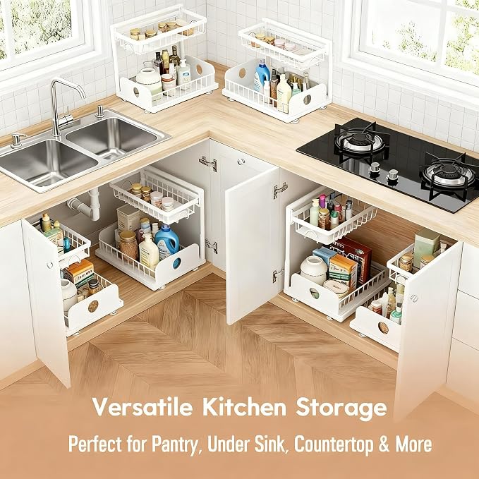 Under Sink Organizer, 1 Pack Under Kitchen Cabinet Organizer, Height Adjustable Pull Out Mute Slide-Out 2 Tier Metal Under Sink Storage for Bathroom, Pantry, Kitchen & Bedroom (White, 1 Pack)