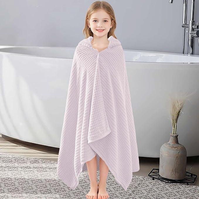 VOOVA & MOVAS Kids Hooded Bath Towel, 6-10 Years, 100% Cotton,Purple Waffle | Smooth Solid Waffle Fabric, Thick Fluffy Feel, Perfect for Daily Bath and Swimming