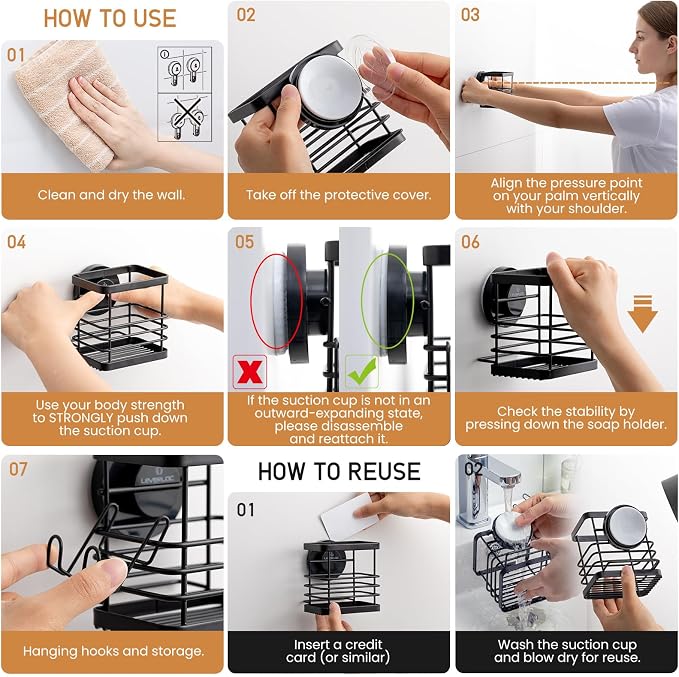 Powerful Suction Cup Stainless Steel Toothbrush Holders, Black | Removable Shower Tooth brush and Toothpaste Holder, Strong Suction Up to 11lbs, Anti-Puddling ,No Drill Bathroom Organizer