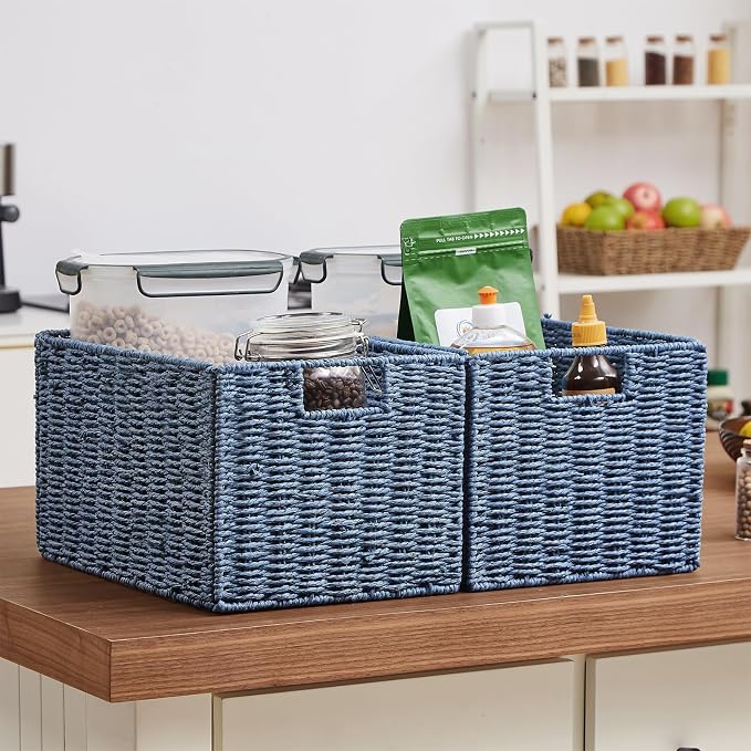 Wicker Storage Basket, Set of 2 Hand-Woven Paper Rope Wicker Basket, Large Storage Baskets for Organizing Toilet Paper, Foldable Cube Storage Organizer Bins for Shelves (Blue)