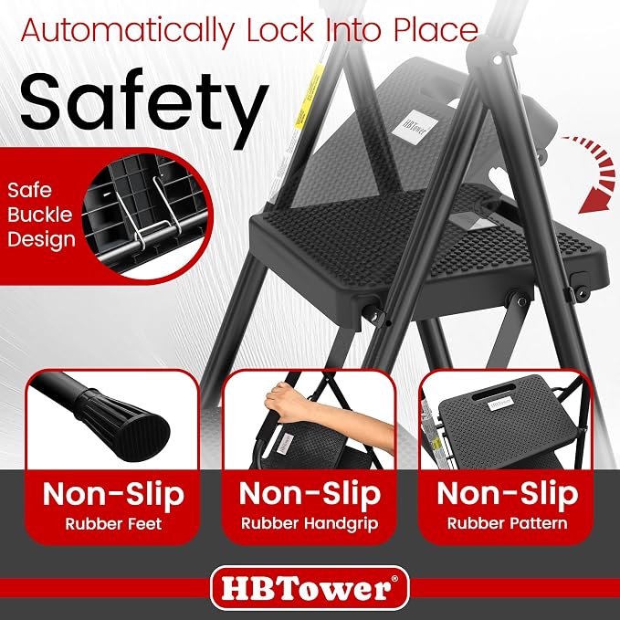 HBTower Step Ladder, Folding Step Stool with Wide Anti-Slip Pedal | Sturdy Steel Ladder, Convenient Handrail, Lightweight, Portable Steel Step Stool