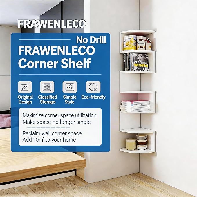 No-Drill Corner Shelf Wall Mount, 7-Tier Thickened 12mm Floating Bookshelf with Hooks, Space-Saving Zigzag Plant Shelf for Bedroom, Living Room, Bathroom, Home Office