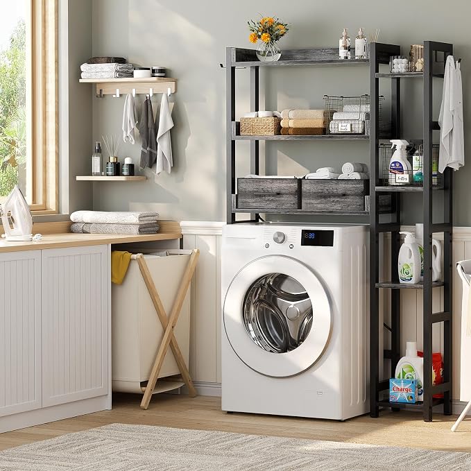 Besiost Over The Toilet Storage, 7 Tier Bathroom Organizer with Reversible Side Shelf and 2 Fabric Drawers, Adjustable Freestanding Rack Space Saver for Small Spaces, Grey Oak