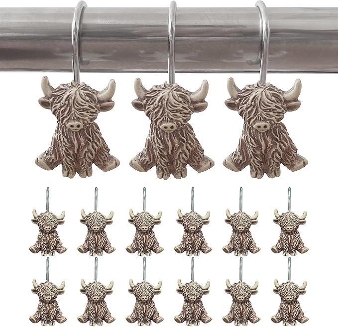 12 Pcs Highland Cow Shower Curtain Hooks for Western Rustic Bathroom Decor | Farmhouse Rings Hangers Rust Resistant Highland Cow Decor for Restroom Vintage Cowboy Bathroom Resin and Stainless Steel Hook