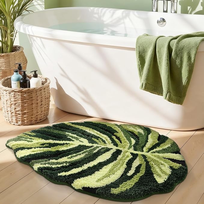 LUMI Cute Bathroom Rug Green Leaf, Absorbent Non Slip Bath Mat, 24"x32" | Dark Monstera Plant, Soft Plush Microfiber, Quick Dry, Washable for Shower Floor, Sink Bathtub, Bedroom, Kids Room