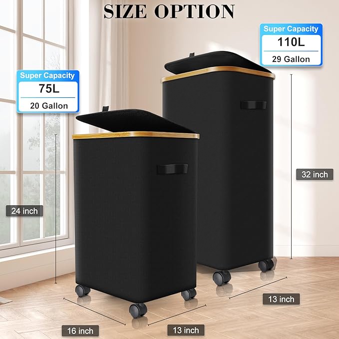 Laundry Hamper with Wheels, 75L Rolling Laundry Basket with Lid | Clothes Hampers for Laundry with Inner Bag, Dirty Clothes Hamper for Bedroom, Dorm, Bathroom, Laundry Room