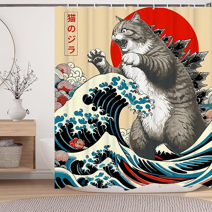 Funny Japanese Cat Shower Curtain,Vintage Cat Art Japan Sunset Waterproof Shower Curtain with Hooks, Fabric Shower Curtains for Bathroom Decor 72X84inches