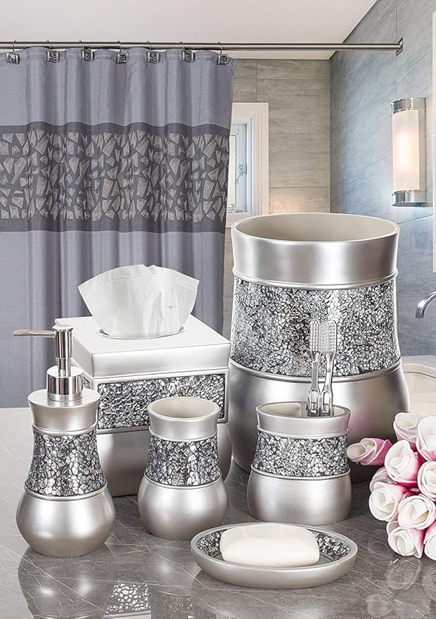 Creative Scents Crackled Glass Silver Hand Soap Dispenser for Bathroom, | Decorative Countertop Lotion Dispenser, Elegant Liquid Soap Dispenser with Sturdy Pump for Classic Bathroom Décor