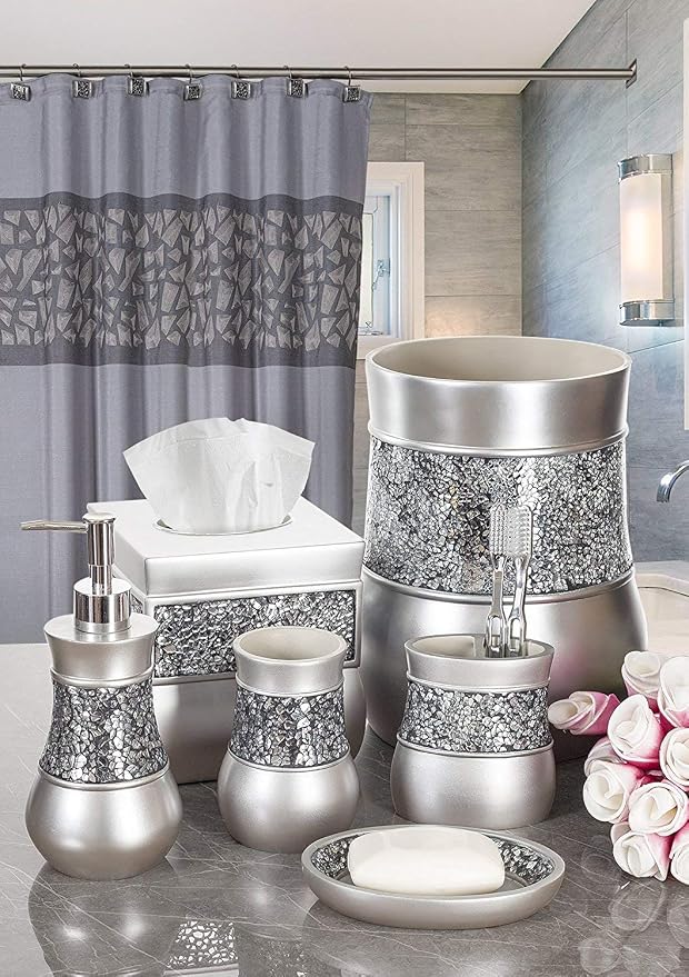 Crackled Glass Silver Free Standing Countertop Fingertip Towel Holder Stand | Unibody Resin Towel Rack For Bathroom or Kitchen Counter Top Decor